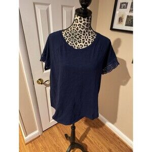 St. John’s Bay XL T-shirt~navy Blue- Eyelet Flutter sleeves- 100% Cotton Preppy